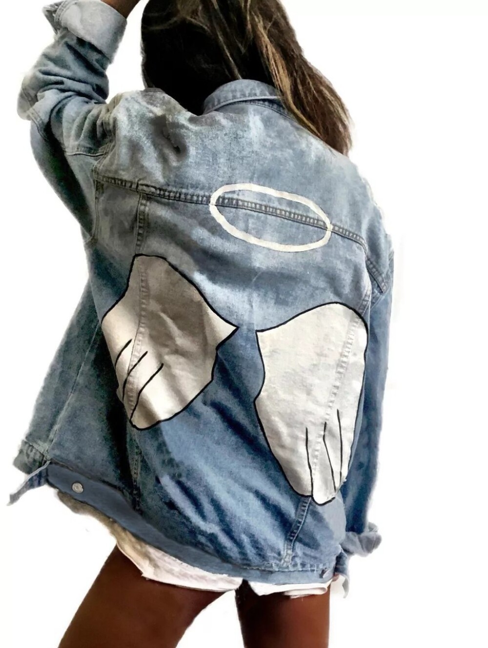 Full Size Angel Wings Graphic Back Denim Jacket Plus Size